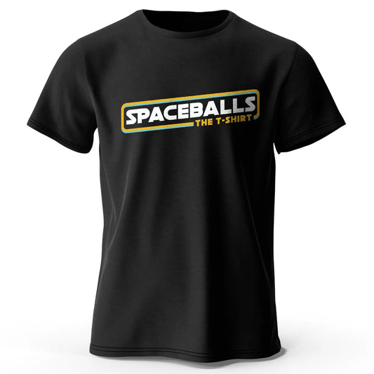 Black t-shirt with 'Spaceballs The T-Shirt' logo on a white background