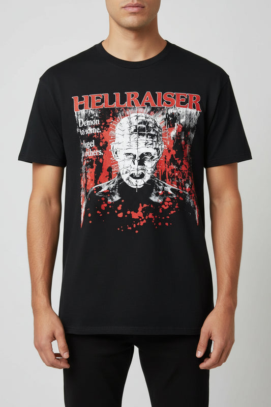 Black t-shirt with 'Hellraiser' graphic design featuring a central character and text on a white background.
