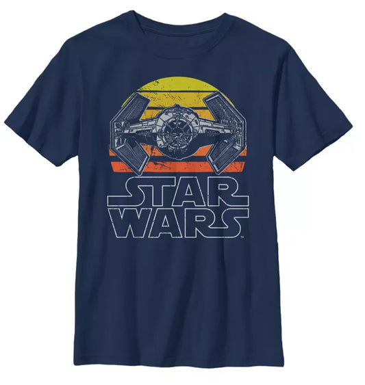 Navy blue t-shirt with Star Wars tie fighter graphic on a white background