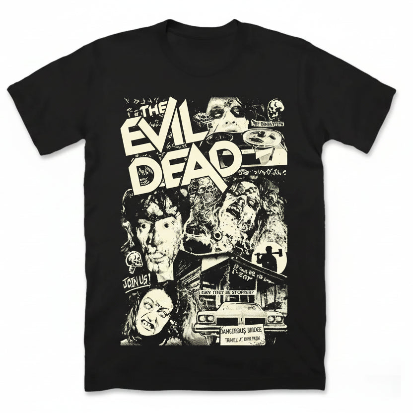 Black t-shirt with 'The Evil Dead' graphic design featuring horror movie characters and text.