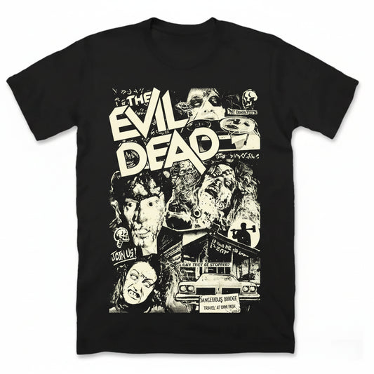 Black t-shirt with 'The Evil Dead' graphic design featuring horror movie characters and text.