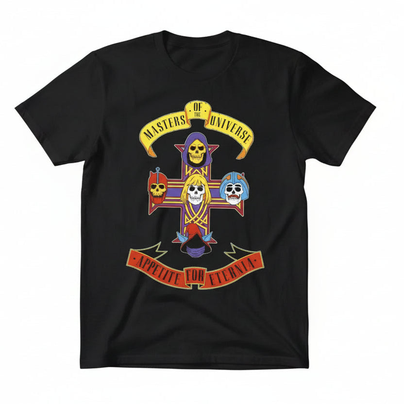 Black t-shirt with colorful graphic design featuring 'Masters of the Universe' and 'Appetite for Eternia' text.