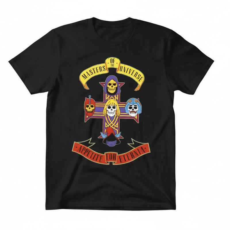 Black t-shirt with colorful graphic design featuring 'Masters of the Universe' and 'Appetite for Eternia' text.
