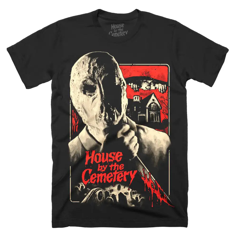 Black t-shirt with 'House by the Cemetery' graphic design featuring a mask and knife.