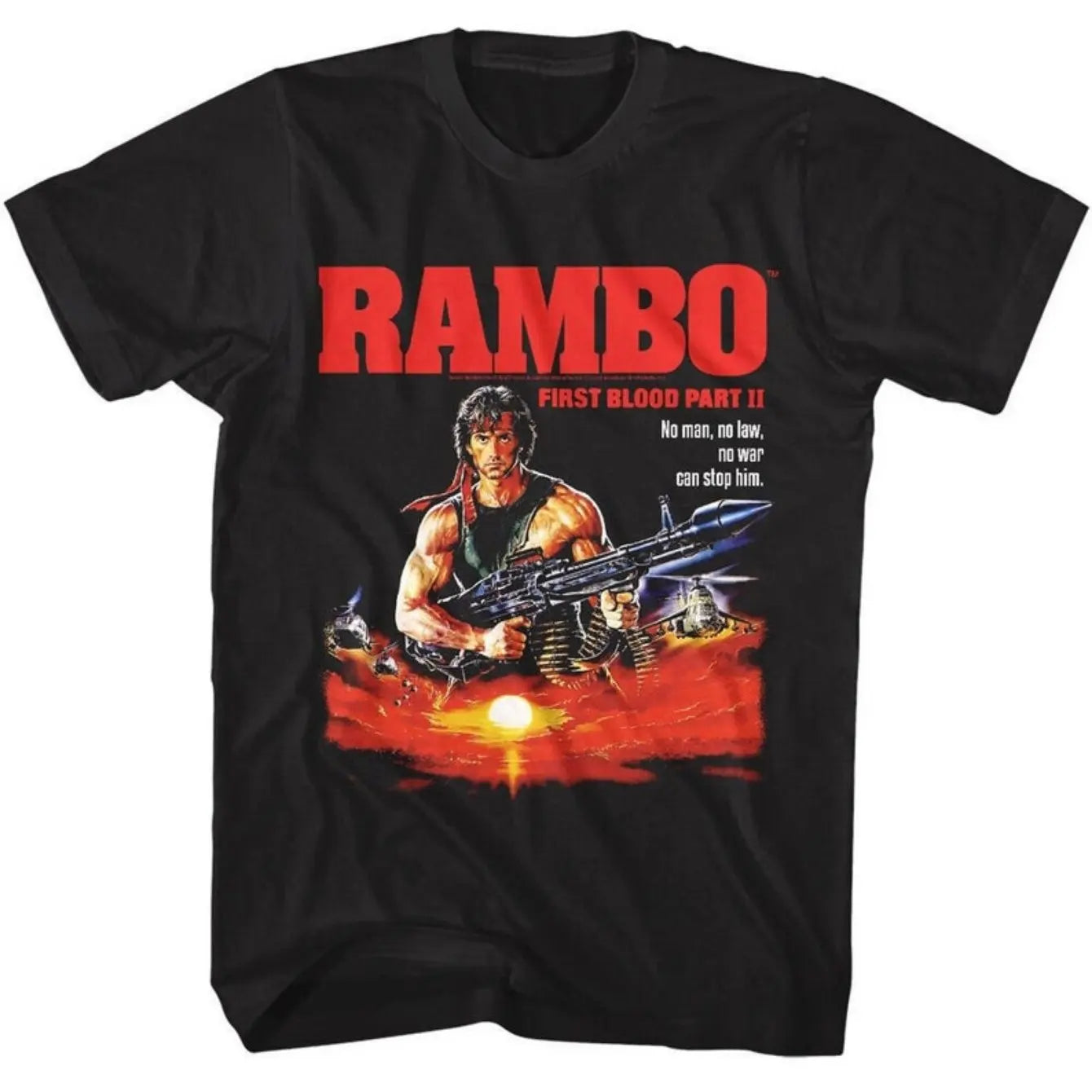 Black t-shirt with 'Rambo' graphic design featuring a character holding a gun.