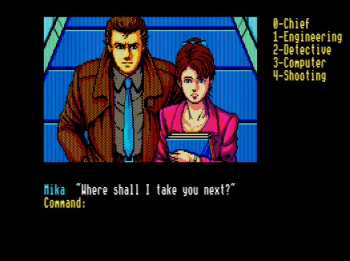 Vintage video game screen with two characters and a menu interface. Snatcher Sega CD Screenshot - CrebbaTECH: RETROVERSE