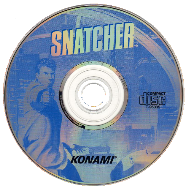 CD with 'Snatcher' and Konami branding on a blue background