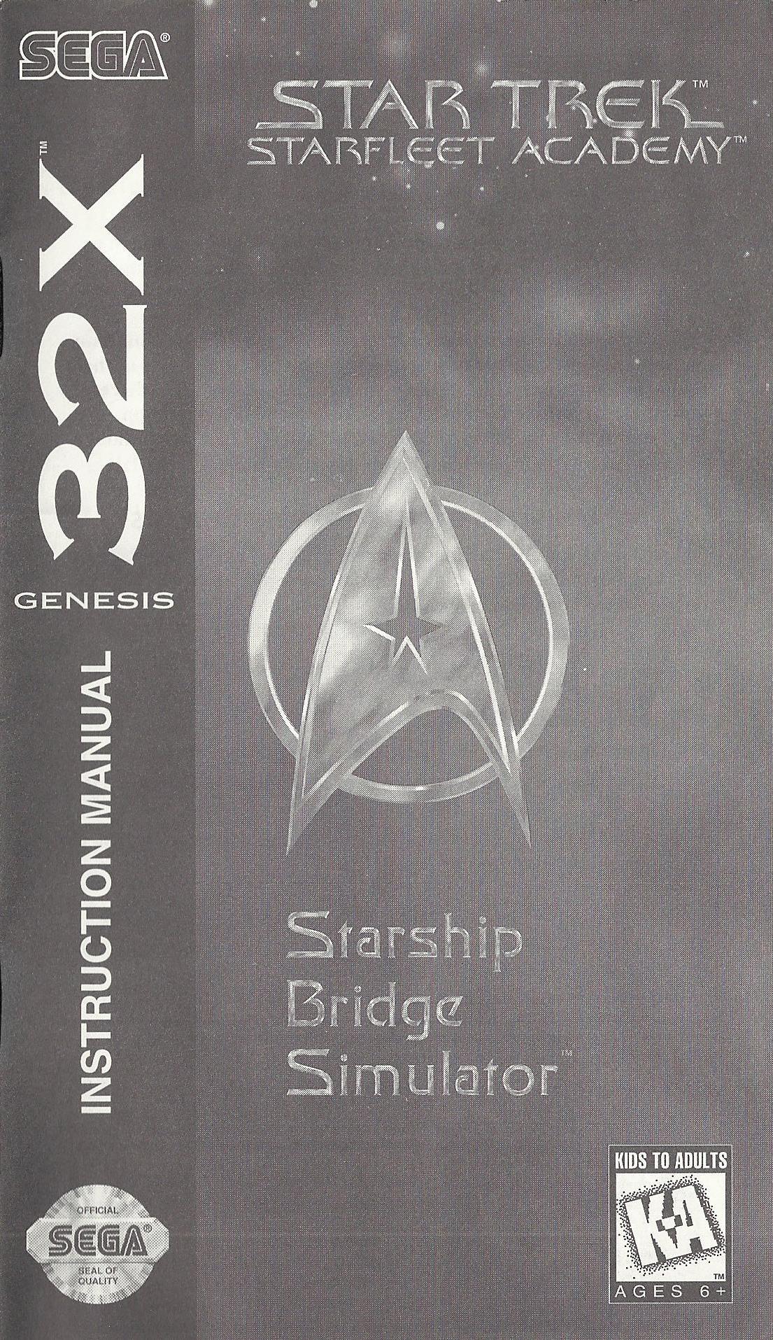 Instruction manual cover for 'Star Trek: Starfleet Academy' on a 32X Genesis system with Starfleet logo.