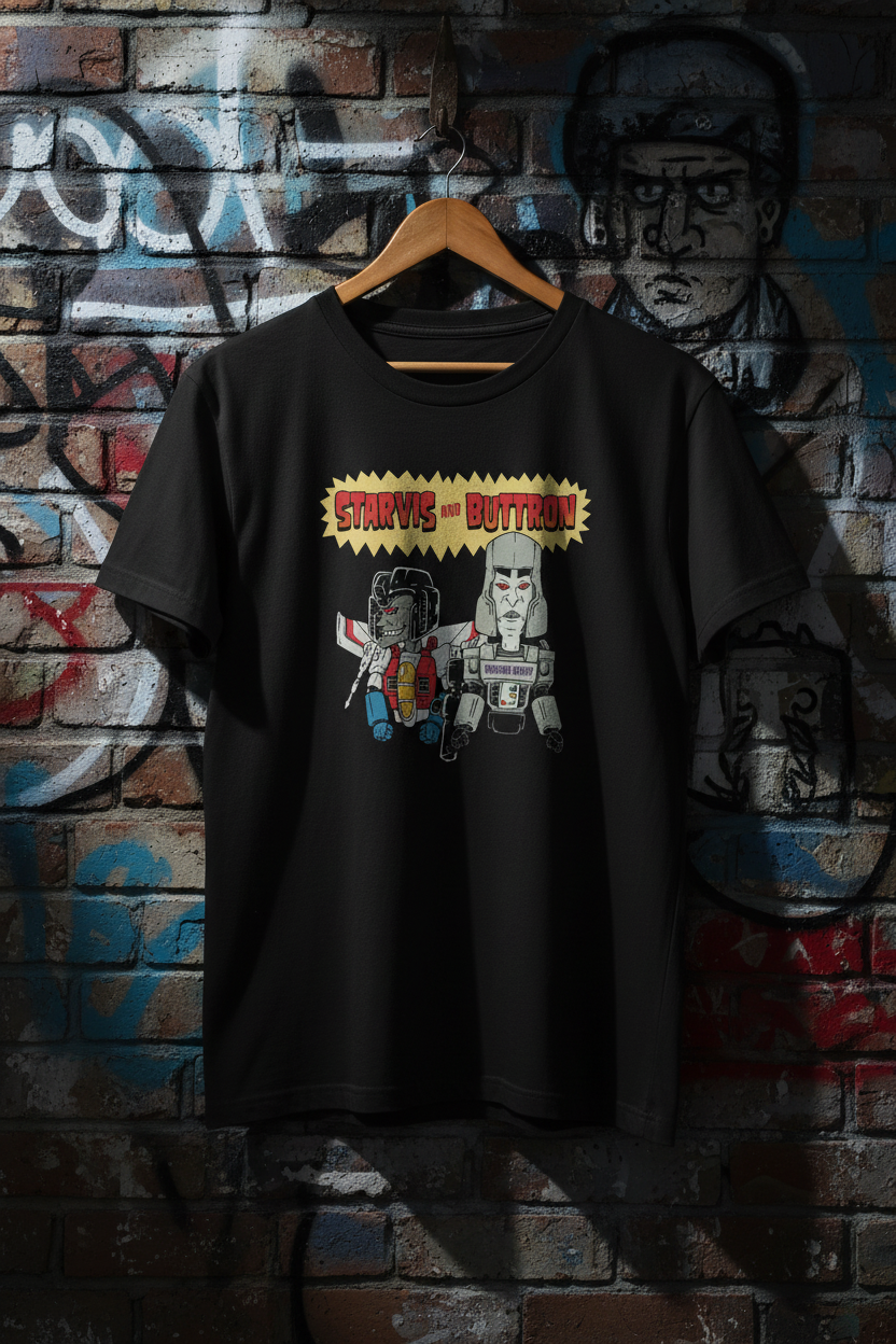 Beavis and Butt-Head t-shirt on hanger against brick wall