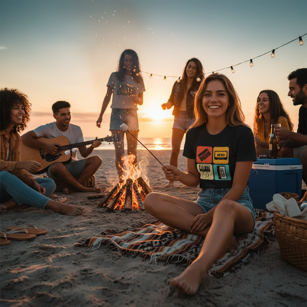 Vintage Summer Camp T-Shirt - Retro 70s 80s Outdoor Tee - Bonfire Evening Scene