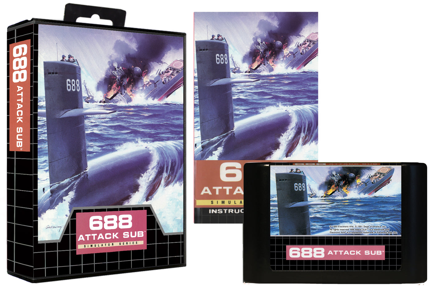 688 Attack Sub (Genesis Compatible) - Reproduction Video Game Cartridge with Case and Manual