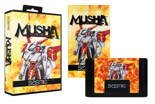M.U.S.H.A. Metallic Uniframe Super Hybrid Armor (Genesis Compatible) - Reproduction Video Game Cartridge with Case and Manual