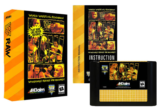 WWE Raw video game packaging with instruction manual and cartridge on a white background