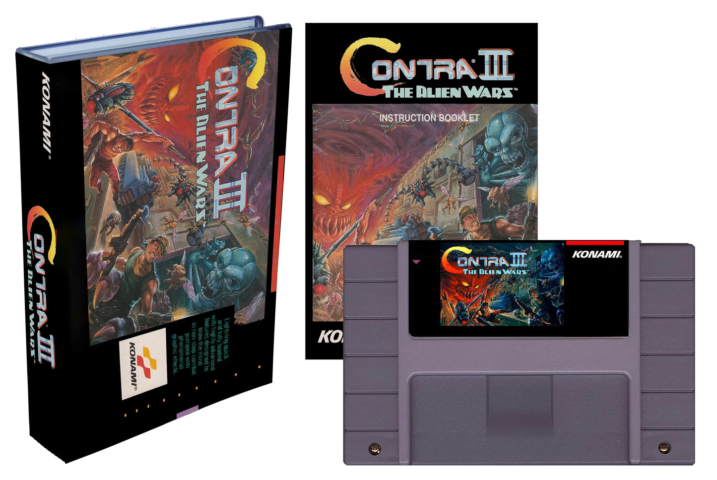 Contra III (3): The Alien Wars (SNES Compatible) – Reproduction Video Game Cartridge with Case and Manual