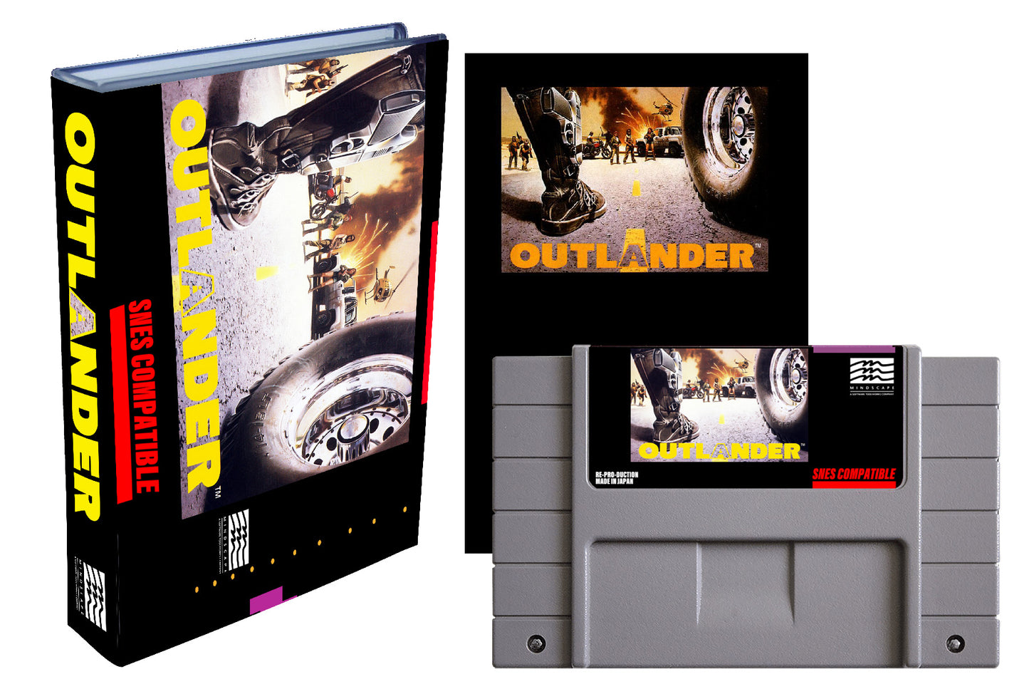 Outlander video game console and cartridges on a white background