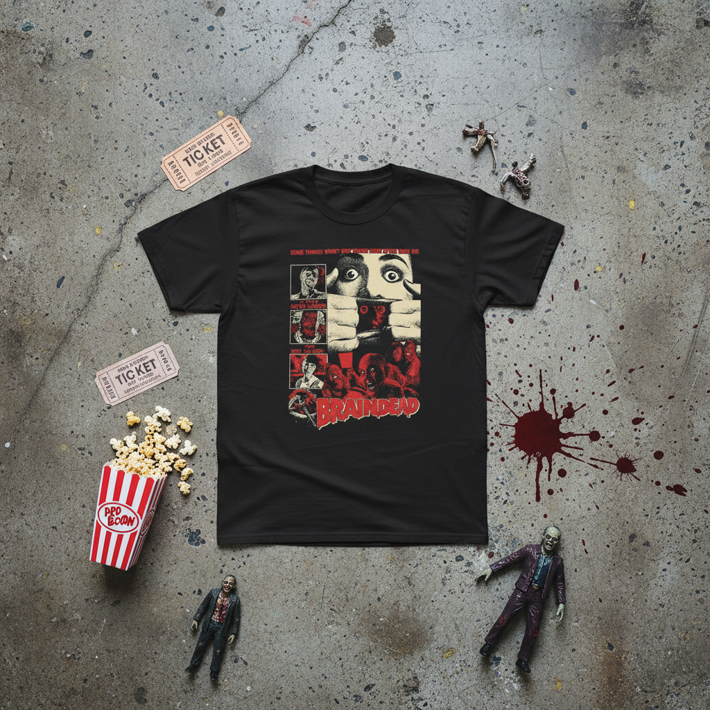 Braindead t-shirt on grunge surface with collectibles