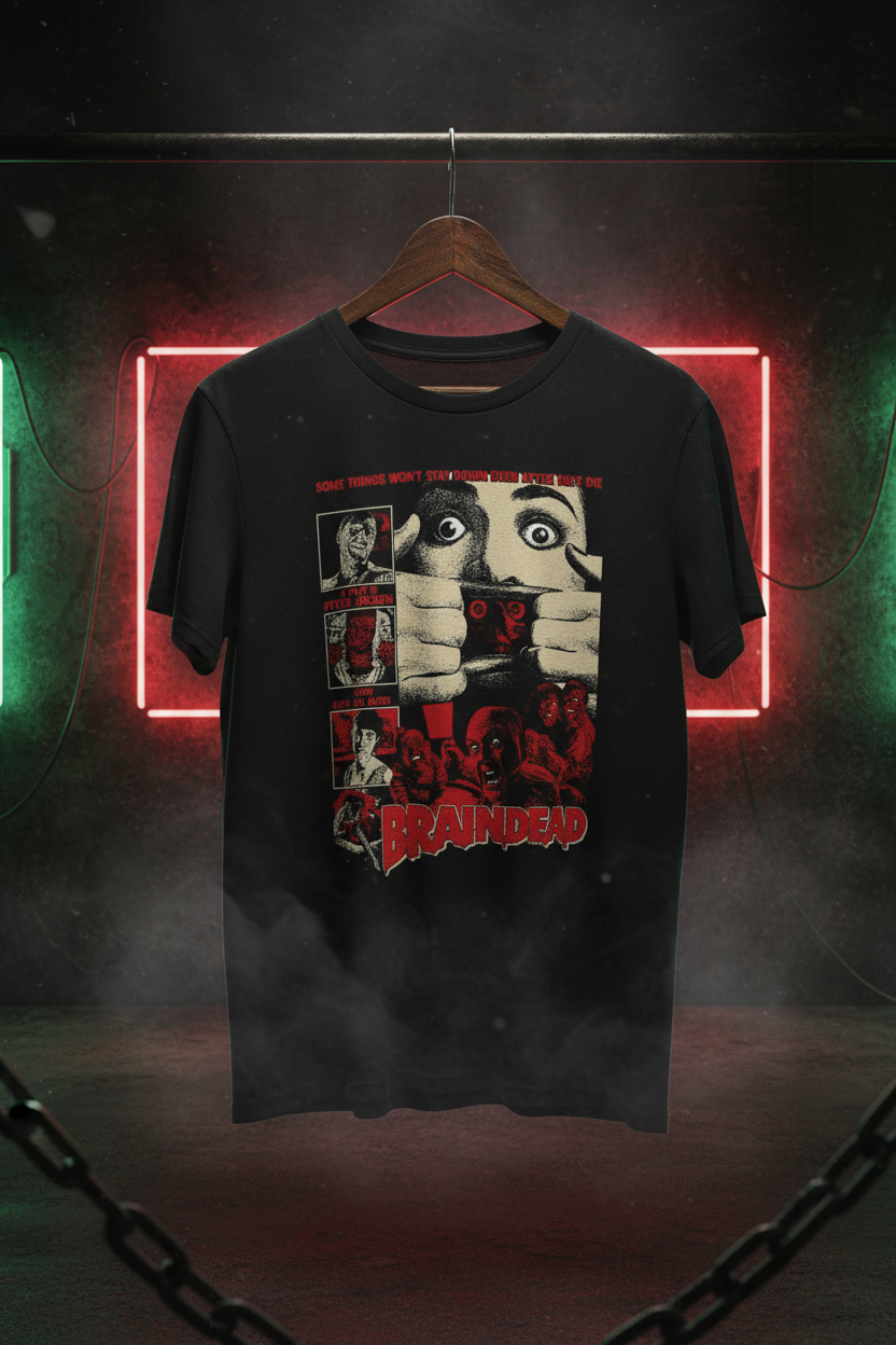 Braindead t-shirt on hanger with horror background