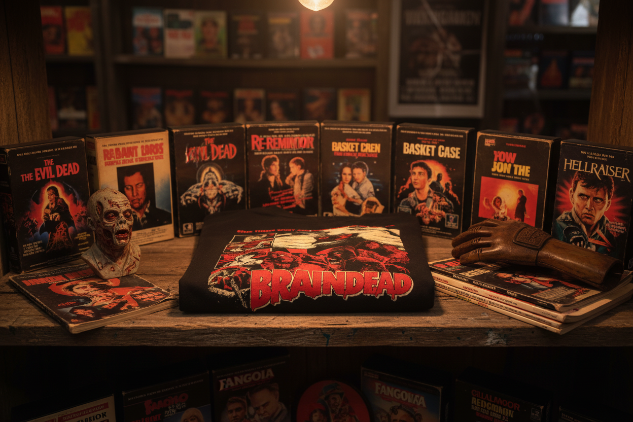 Braindead t-shirt on shelf with VHS collection