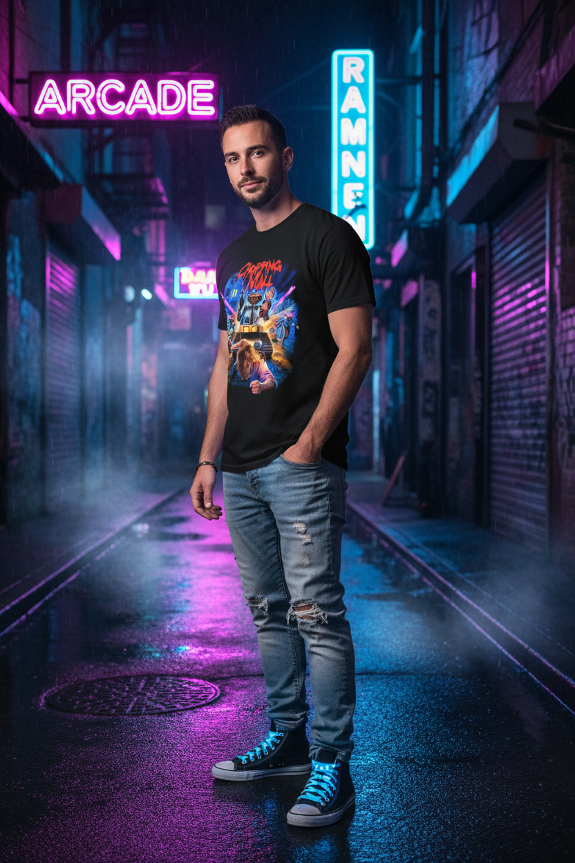 Chopping Mall Black Tee - Male Model