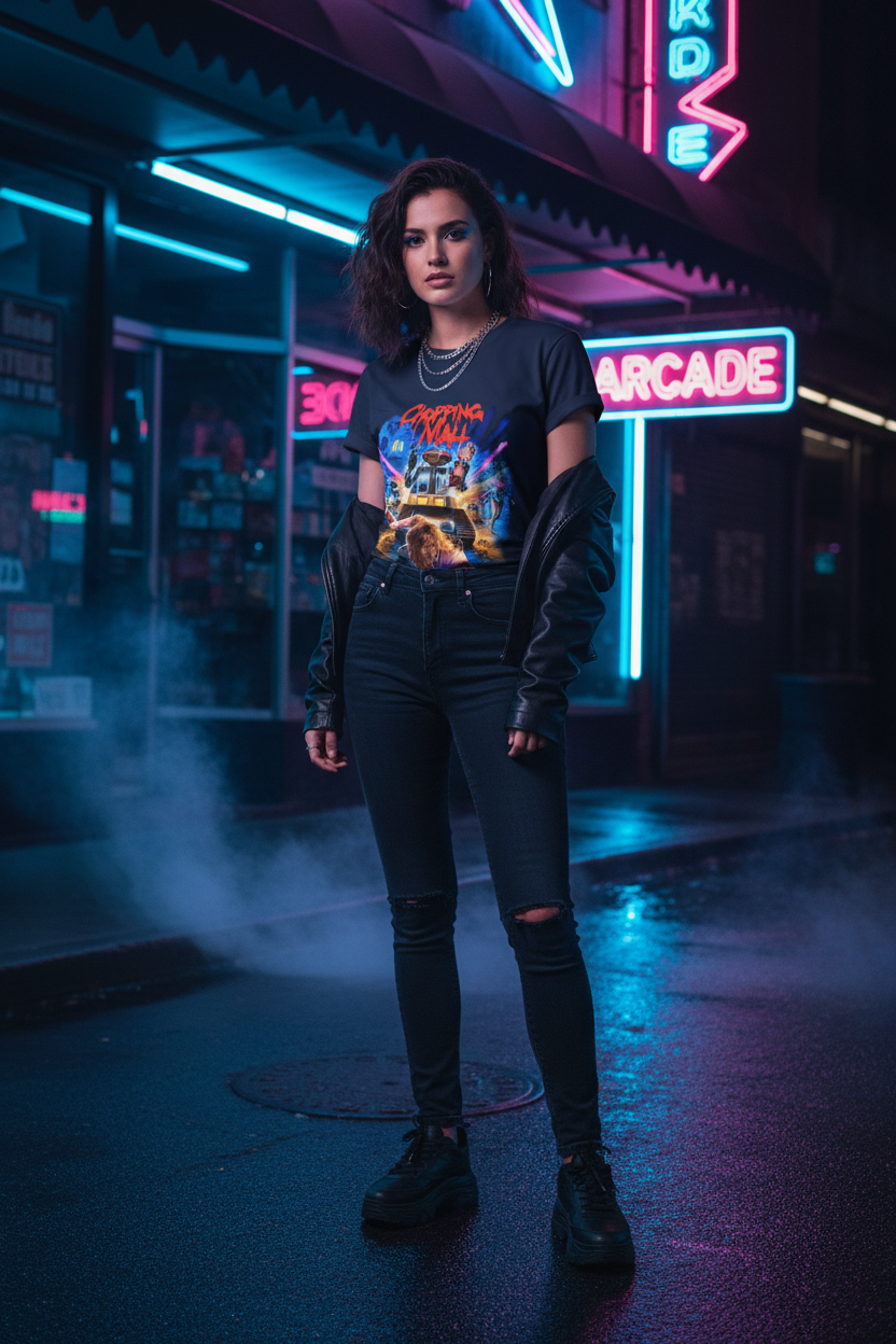 Chopping Mall Navy Tee - Female Model