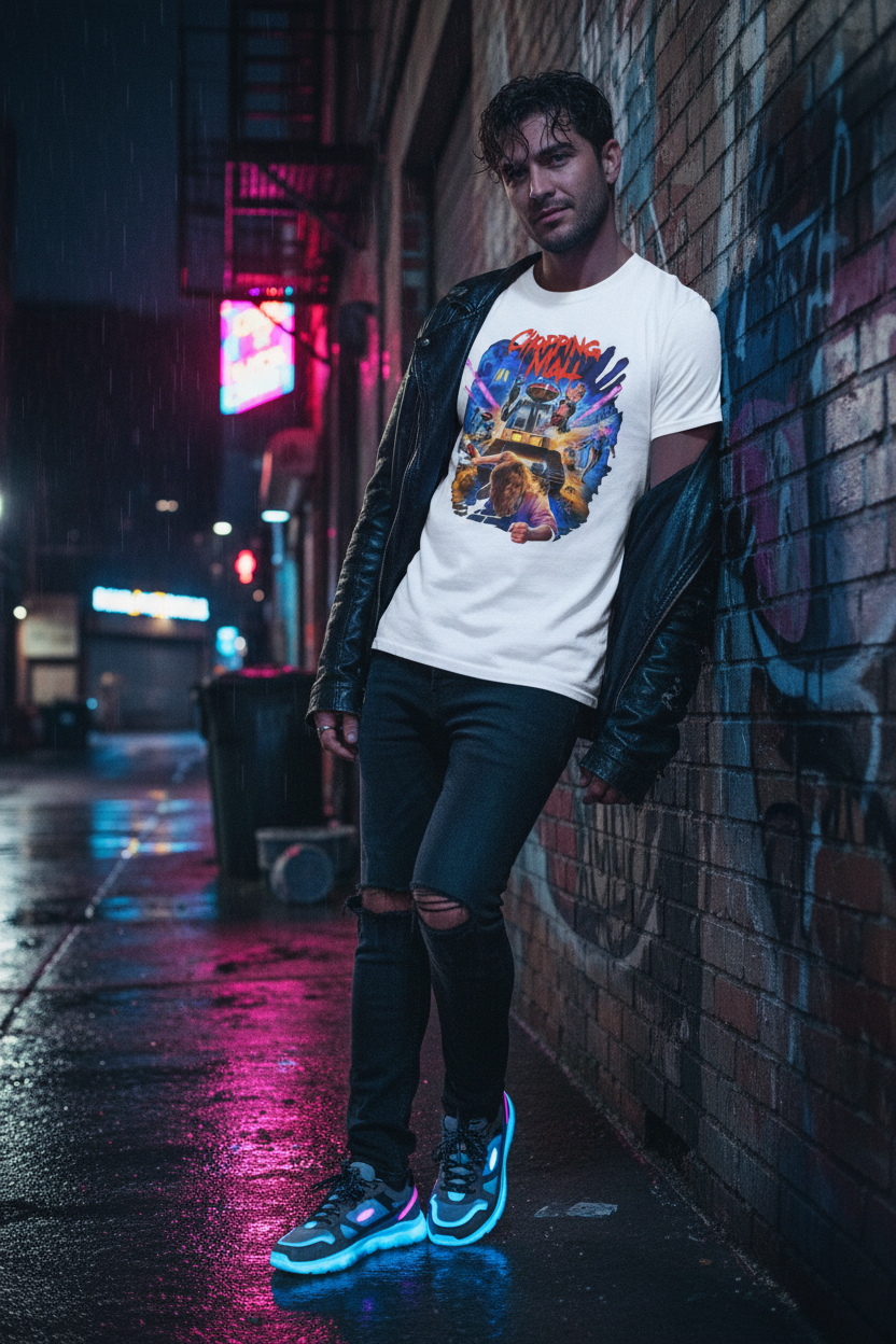 Chopping Mall White Tee - Male Model