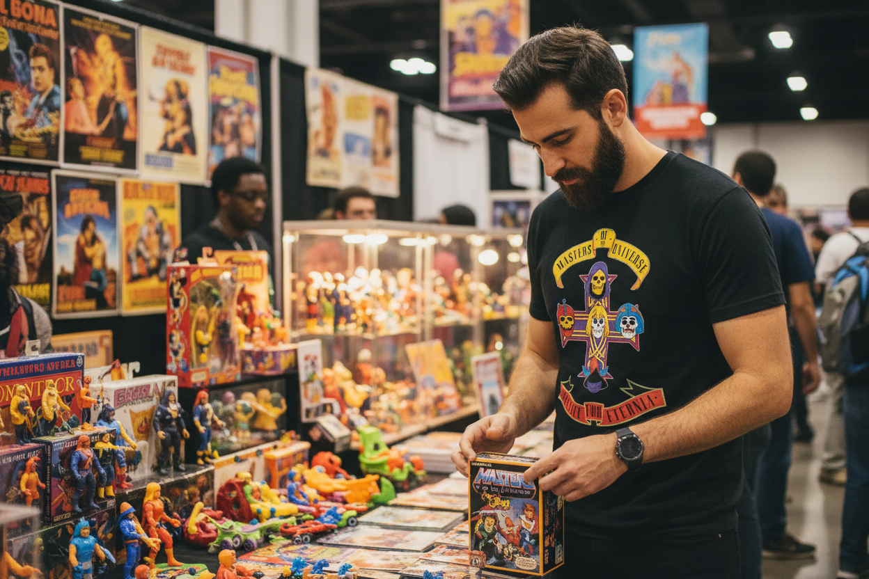 Black t-shirt with colorful graphic design featuring 'Masters of the Universe' and 'Appetite for Eternia' text. Comic Convention - Man