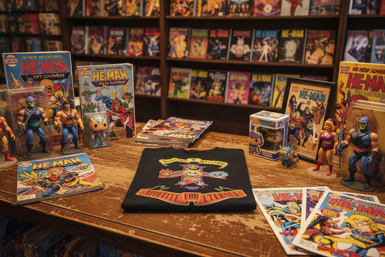 Black t-shirt with colorful graphic design featuring 'Masters of the Universe' and 'Appetite for Eternia' text. Comic Store Collector Shot