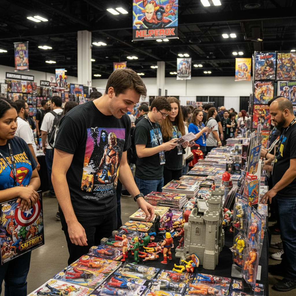 Convention with superhero memorabilia