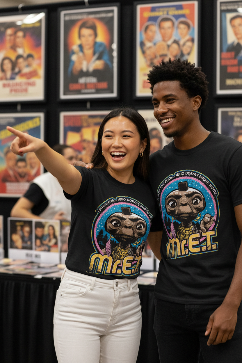 Couple at comic convention, woman wearing Mr. E.T. tee
