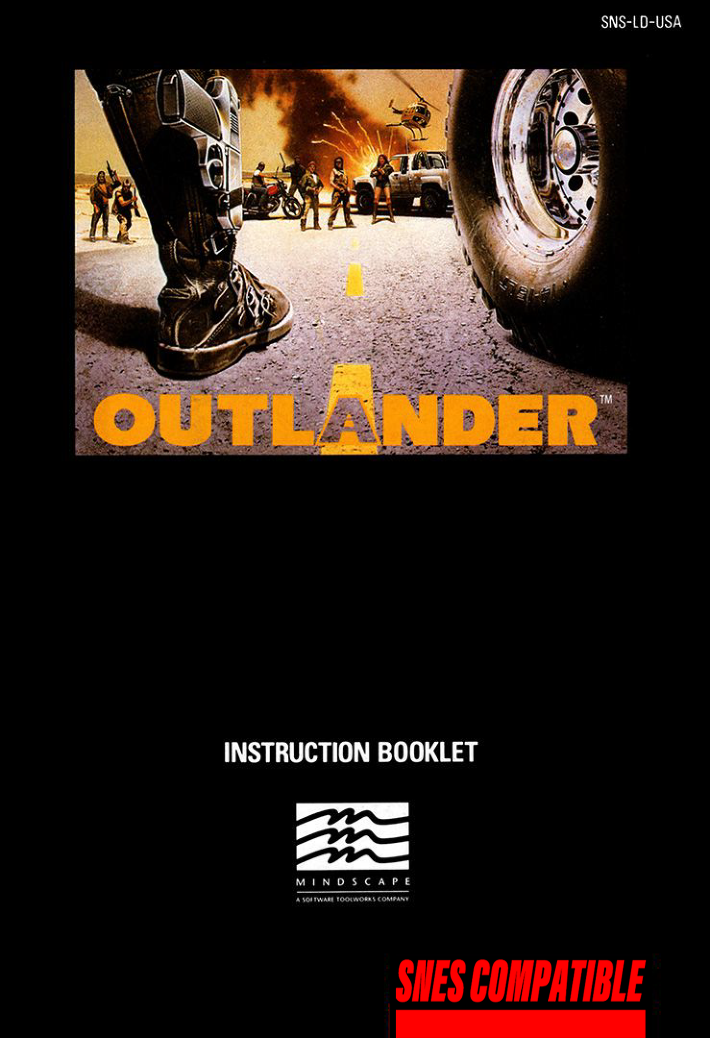 Instruction booklet cover for 'Outlander' with a boot, road, and vehicle on a dark background.