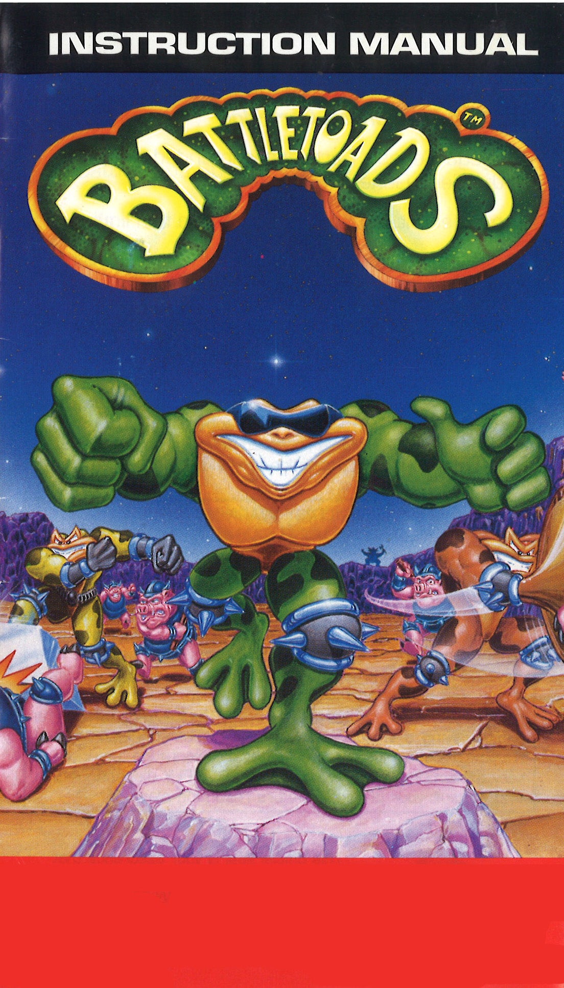 Instruction manual cover for 'Battletoads' with colorful characters and logo.