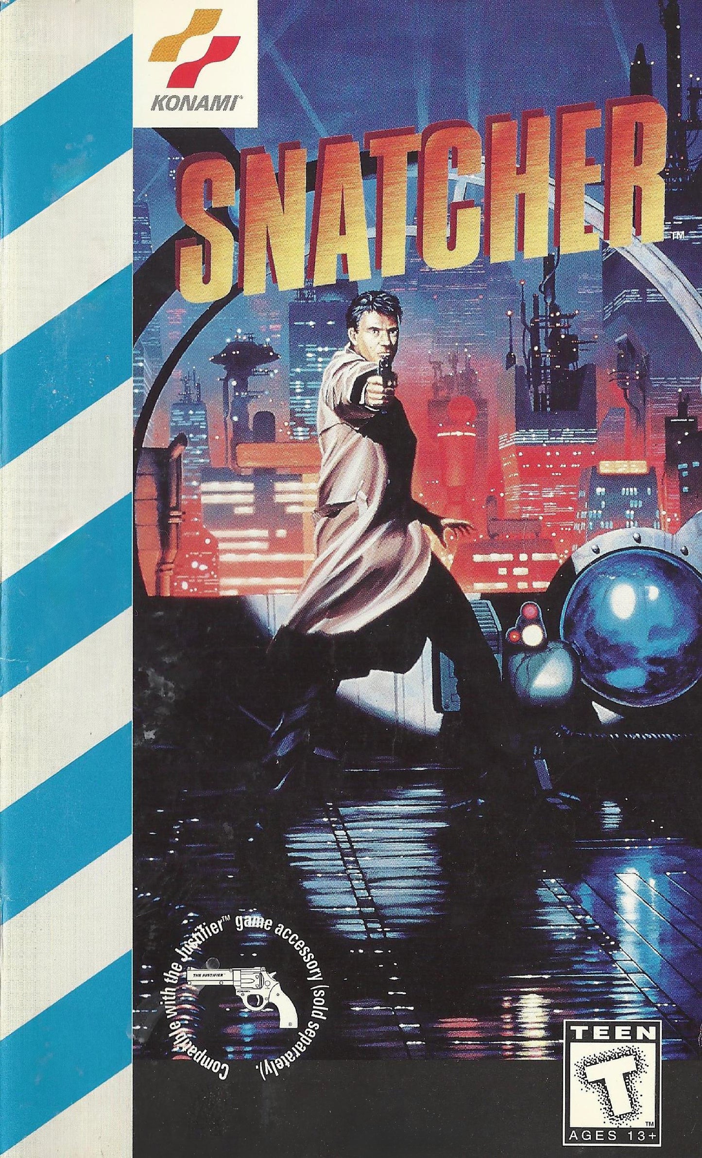 Vintage 'Snatcher' video game box with Konami logo and futuristic cityscape design.