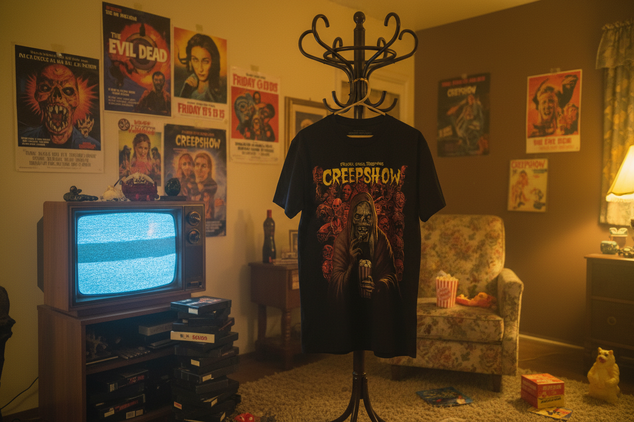 Creepshow t-shirt hanging in 80s living room