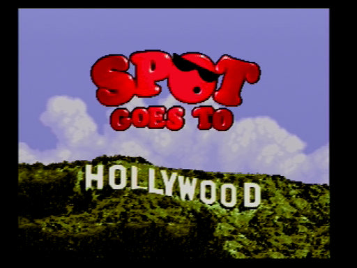 Title card with 'Spot Goes to Hollywood' text against a scenic background with trees and sky. Spot Goes to Hollywood Prototype Reproduction Cartridge CrebbaTECH:RETROVERSE