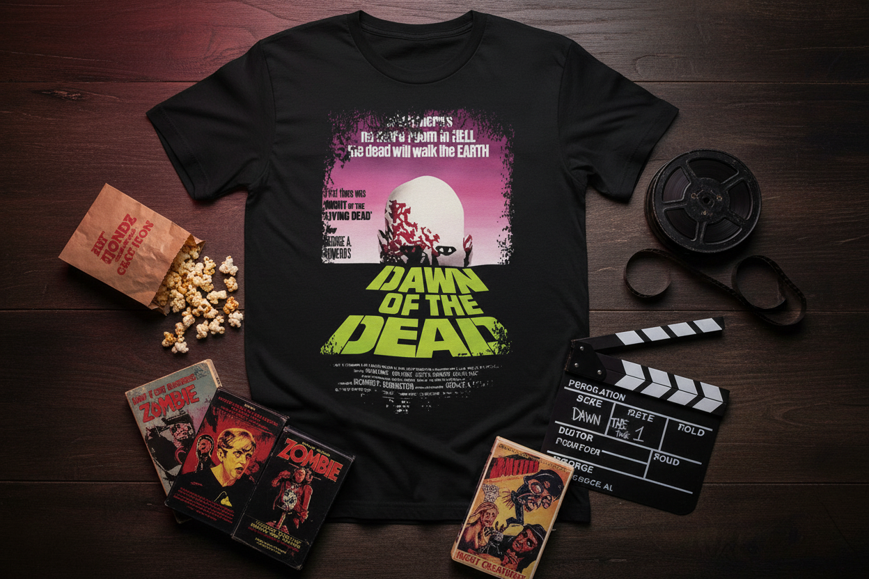 Dawn of the Dead t-shirt flat lay with horror movie props