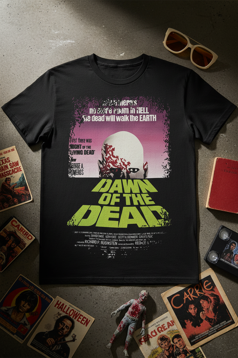Dawn of the Dead t-shirt flat lay with retro 70s horror memorabilia