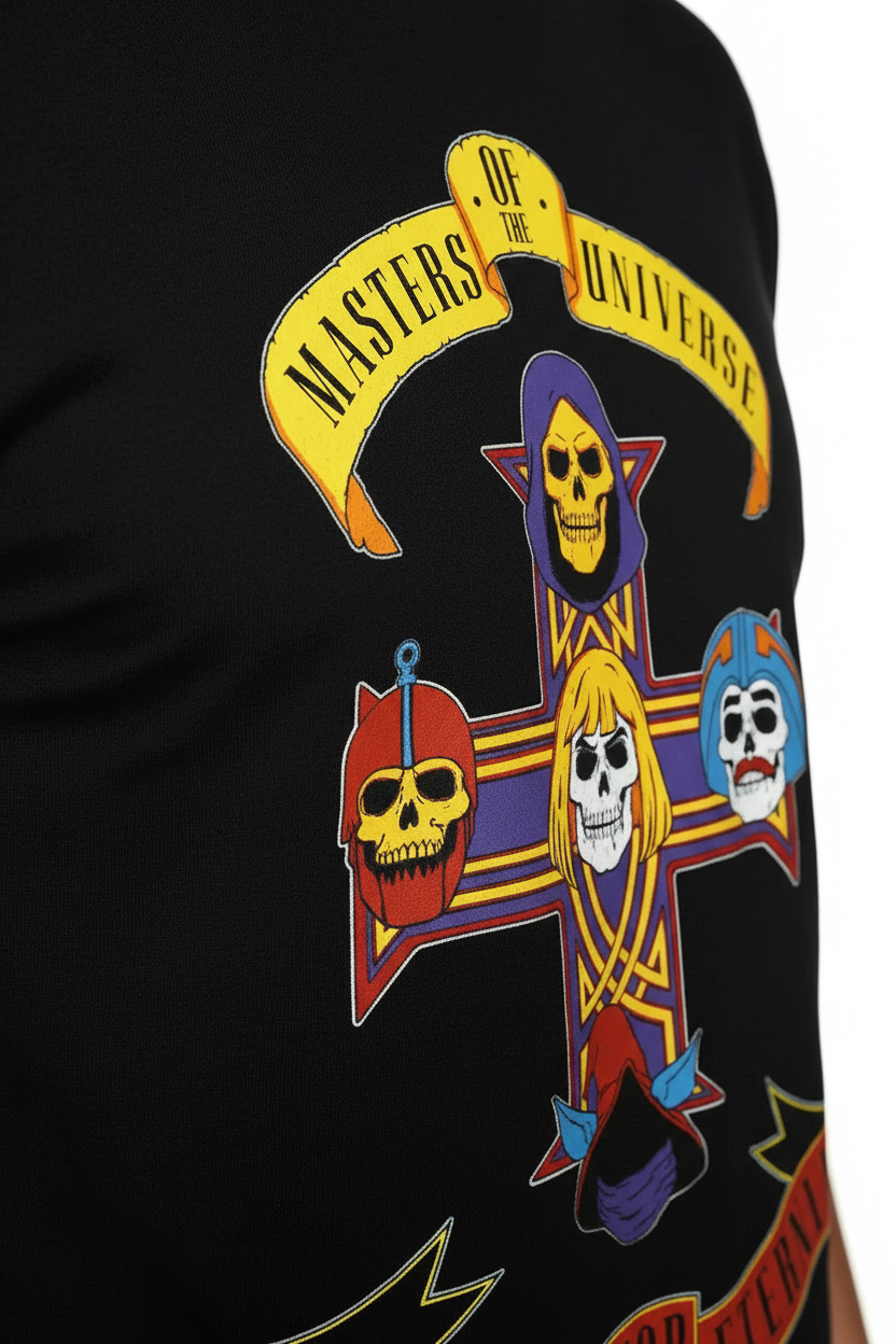 Black t-shirt with colorful graphic design featuring 'Masters of the Universe' and 'Appetite for Eternia' text.  Detail Profile Shot