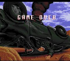 Animated character lying on a motorcycle with 'GAME OVER' text. Outlander - SNES Compatible - CrebbaTECH: RETROVERSE