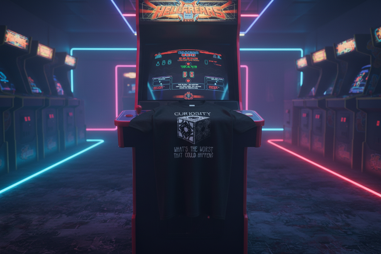 Curiosity - Hellraiser Tee Draped on Arcade Cabinet