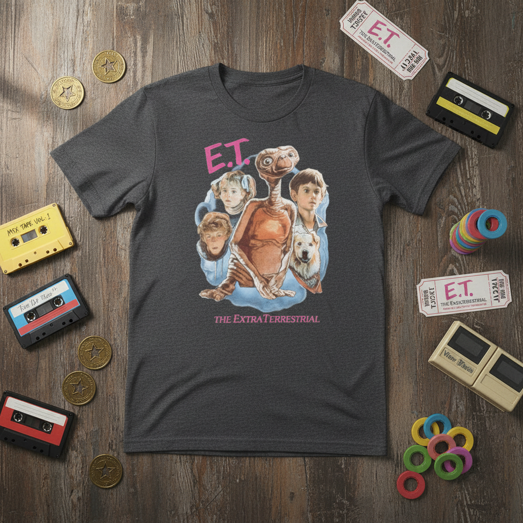 E.T. t-shirt flat lay with vintage props