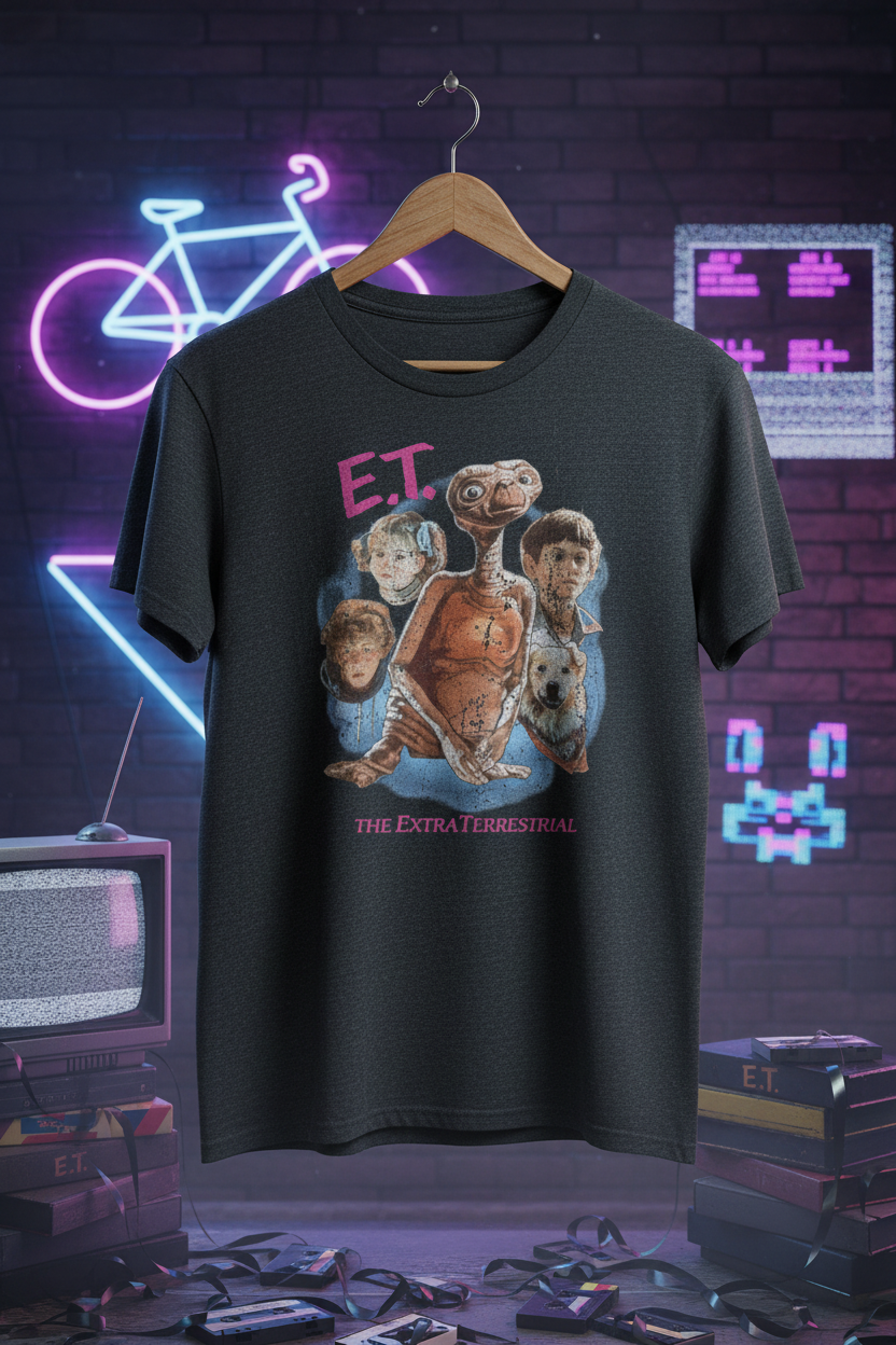 E.T. t-shirt on hanger with retro background