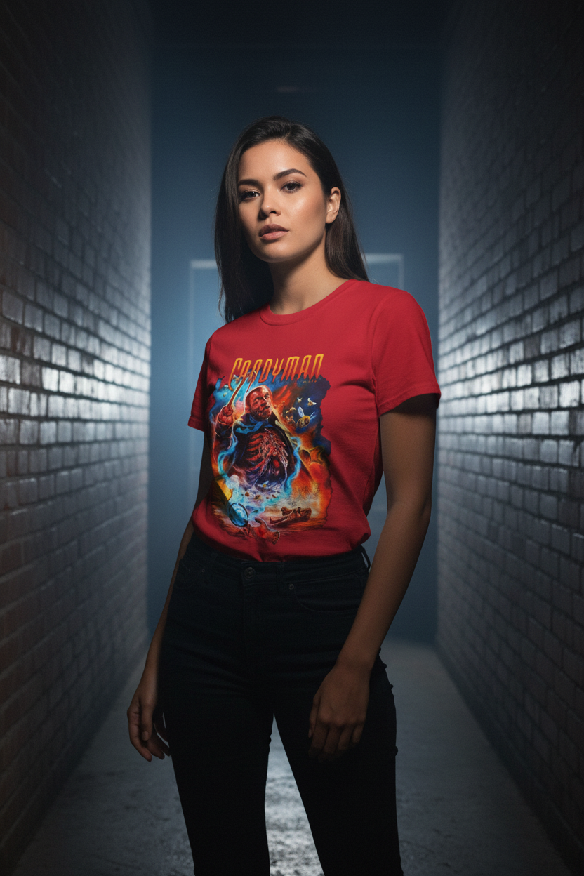 Female Cherry Red Tee Brick Corridor