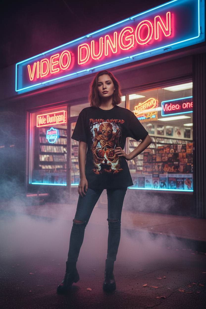 Female model at retro video store
