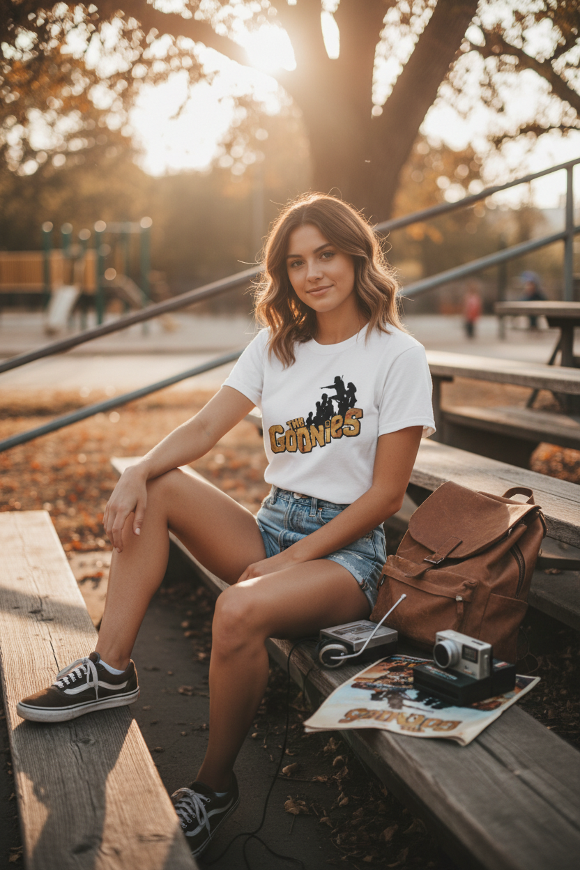 Female model casual outdoor - white tee Gray t-shirt with 'The Goonies' logo on a white background 