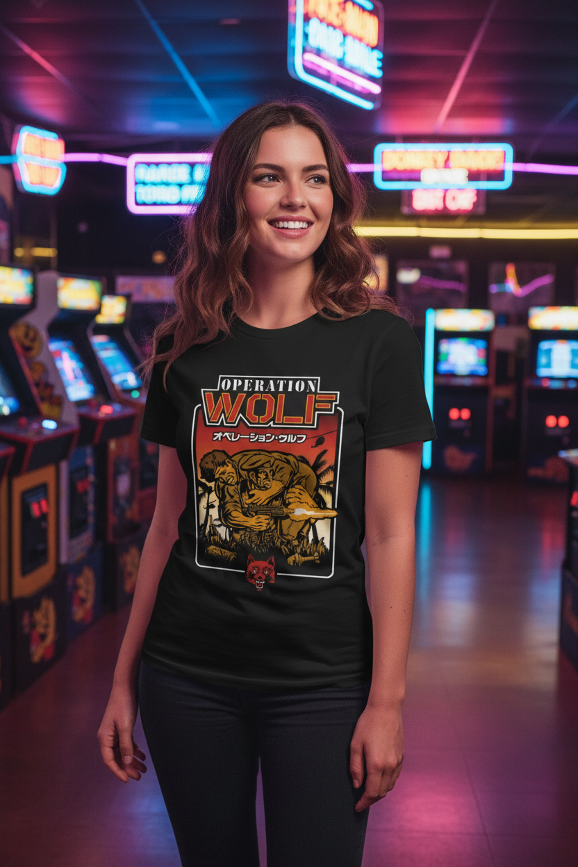 Operation Wolf Tee - Female model gaming lounge