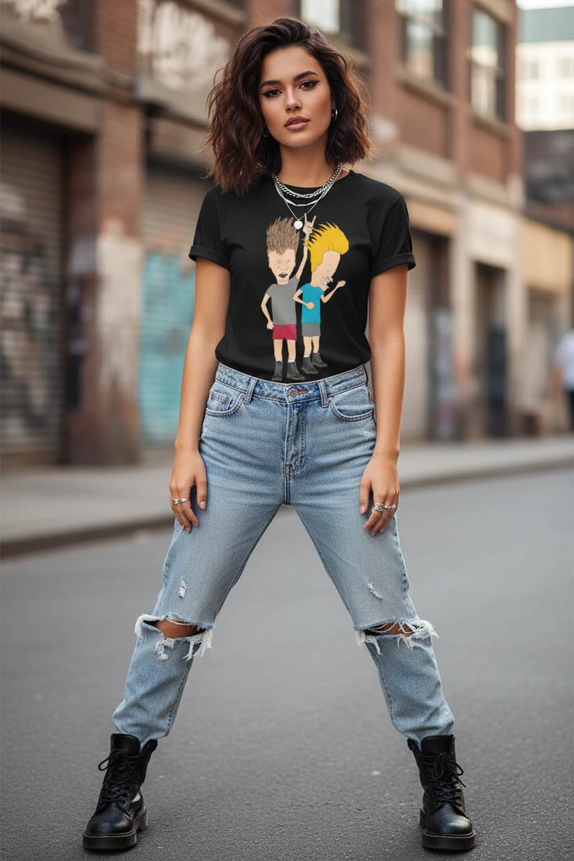 Female model in Beavis and Butthead tee