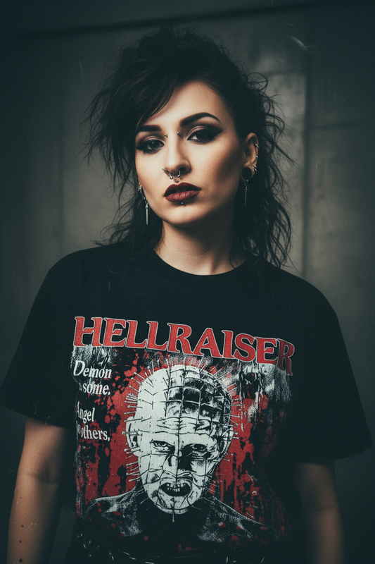 Female model in Hellraiser t-shirt - close-up lifestyle