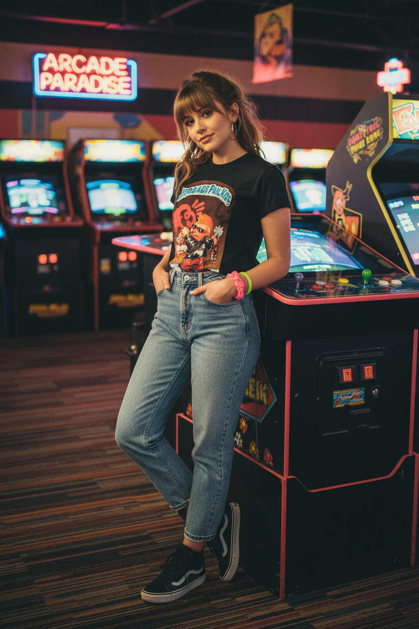 Female model in retro arcade