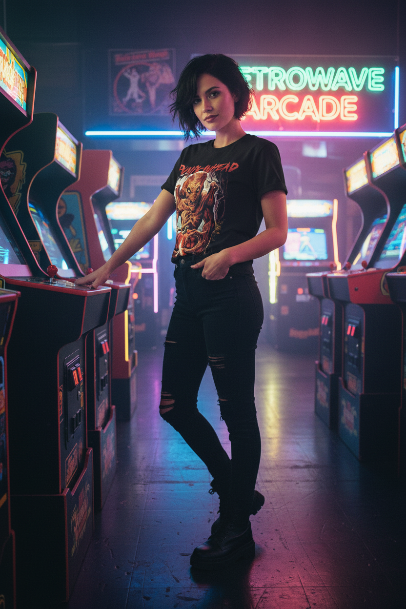 Female model in retro arcade