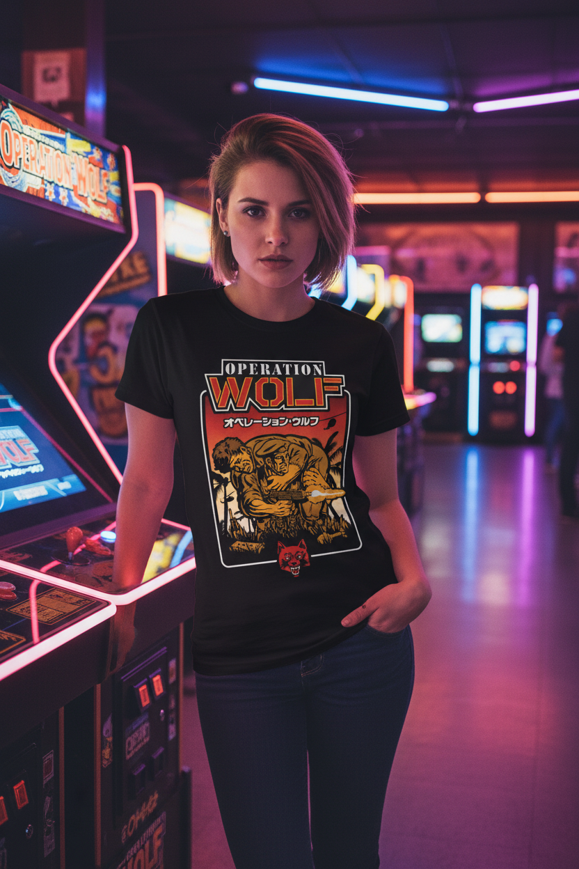 Operation Wolf Tee - Female model in retro arcade